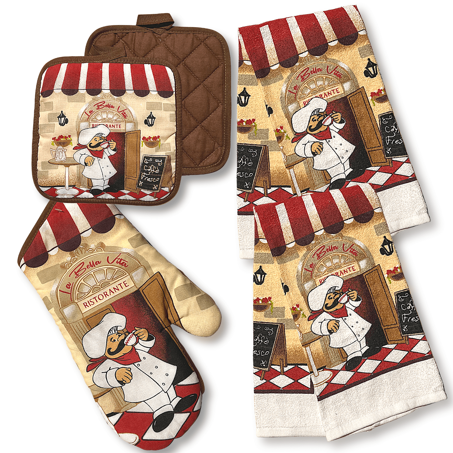 2 CHEFS IN KITCHEN by KC 5 pc SET 2 POT HOLDERS,1 OVEN MITT & 2 TOWELS 
