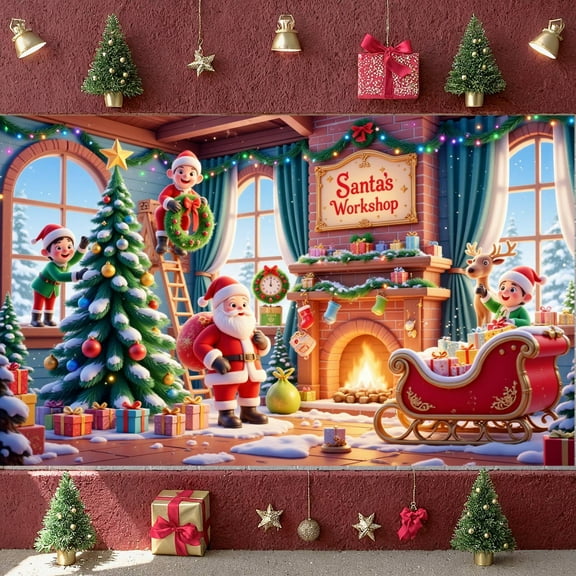 Christmas Tree Santa's Workshop Banner Gifts Christmas Display Elves Wreath Holiday Backdrop for Christmas Party Holiday Decoration Xmas Event