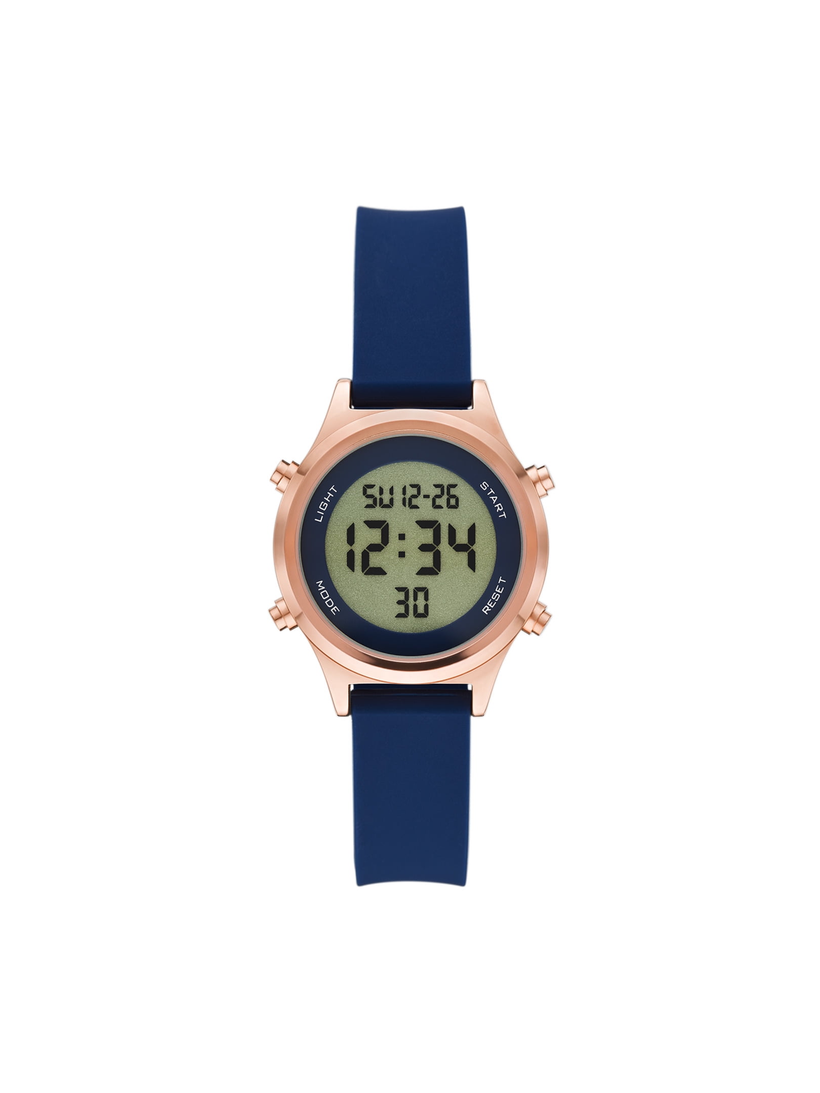 Time and Tru Women's Rose Gold Tone Digital Watch with Navy Silicone Strap