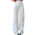 thumbnail image 3 of Pantalones vaqueros cargo de pierna recta para mujer, cintura alta, ajuste relajado, pantalones cargo de mezclilla, pantalones casuales holgados con bolsillo con solapa, 3 of 5