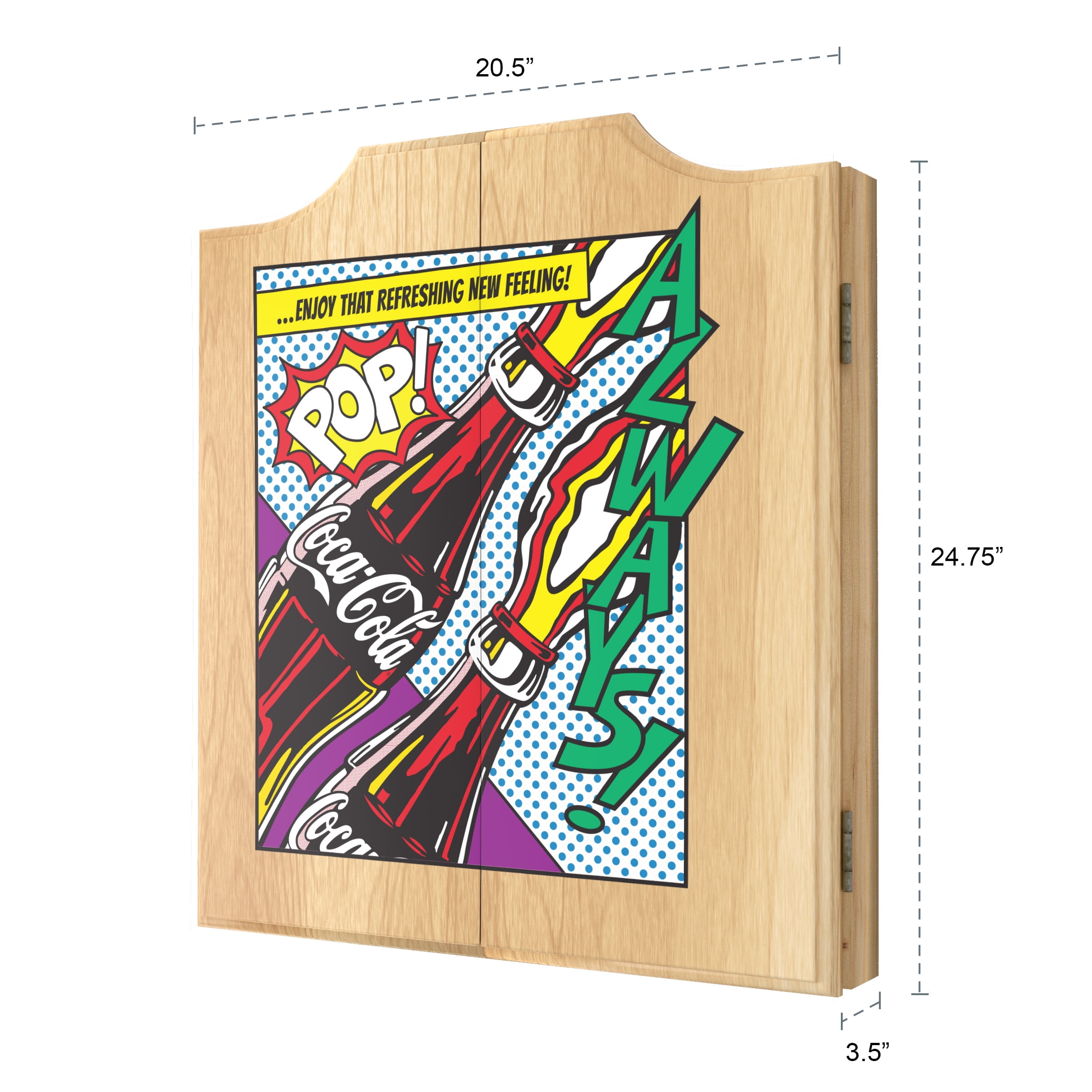 Coca-Cola Pop Art Dart Board Cabinet Set with 6 Steel Tip Darts