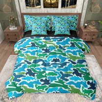 jejeloiu Colorful Camo Camouflage 7pcs Bedding Comforter Set,Rustic Farmhouse Hunting Queen Bedding Sets,Green Blue Queen Sheet Sets For Adults,Super Cozy Room Decor Reversible