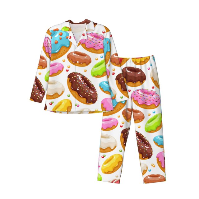 Fotbe Color Donut Pijama de Hombre con Estampado de Manga Larga, Conjunto de 2 Piezas, Ropa de Dormir Suave y Cómoda con Bolsillos-Medium