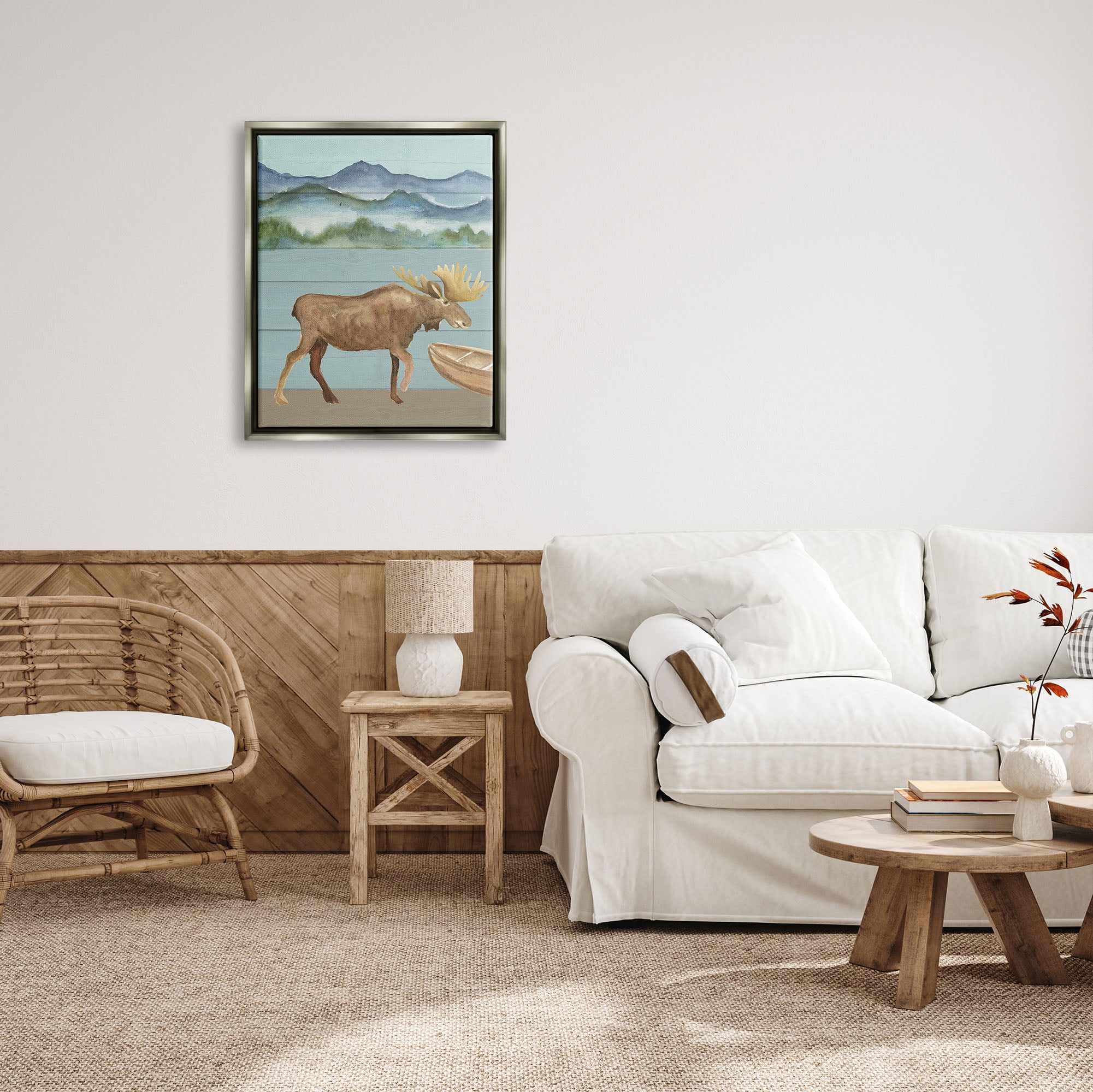 Stupell Industries Rustic Moose at Lake Animals & Insects Painting Gray Floater Framed Art Print Wall Art, 25 x 31