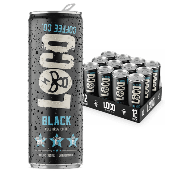 Loco Coffee Black Cold Brew 11 Ounce Can, 12 Count | Zero Sugar, 190mg Caffeine | Gluten Free and Dairy Free | Low Calorie Iced Coffee