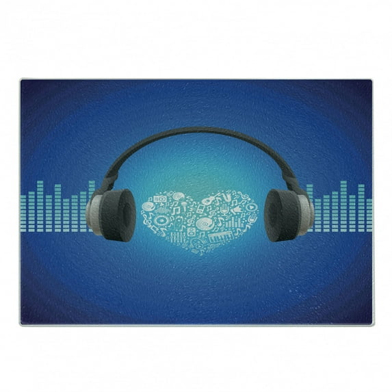 Music Cutting Board, Headphones Earphones Heart Shape Disk on Circular Geometrical Background, Decorative Tempered Glass Cutting and Serving Board, Small Size, Royal Blue and Grey, by Ambesonne