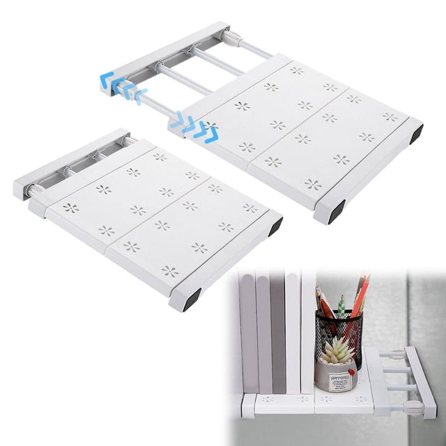 2 Pcs School Locker Shelf Organizer with adjustable white plastic dividers featuring a hollow flower design. The shelves are shown in retracted and extended positions, illustrating their flexibility to fit various locker sizes. A close-up image displays the shelf in use, securely holding books and stationery items, ideal for locker organization.