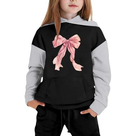 Little Girl Outfits Casual Bow Print Long Sleeve Hoodie Sweatshirt Tracksuit Jogger Sweatpants Two Piece Set Clothes for Girl ,8-9 Years,Black
