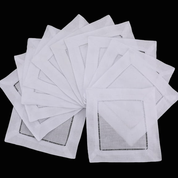 12 Pcs Linen Cocktail Napkins 6 x 6 Inch Cloth Cocktail Napkins Washable Linen Hemstitch Napkins for Wedding Bar Beverage Party Valentines Party (White)