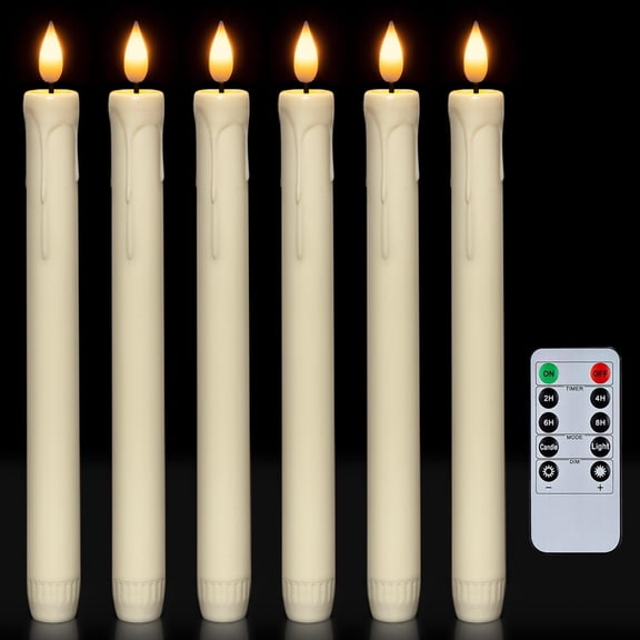 6 Pcs Flameless Taper Candles with Remote, Timer, Dimmer, Ivory Battery Operated CandleSticks with Flickering Light, Plastic Led Window Candles, 9.6 Inches for Halloween Christmas Decoration