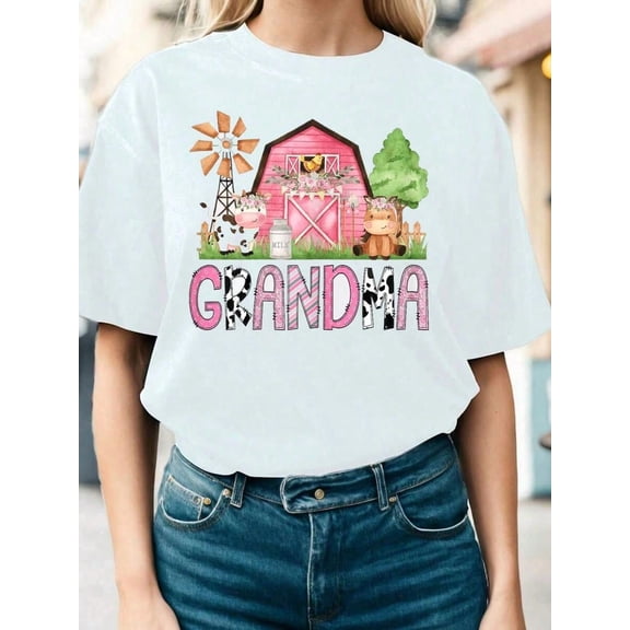 100% Cotton Grandma Pink Farm Animal Birthday Matching Family T-Shirt Pop Shirt For Women