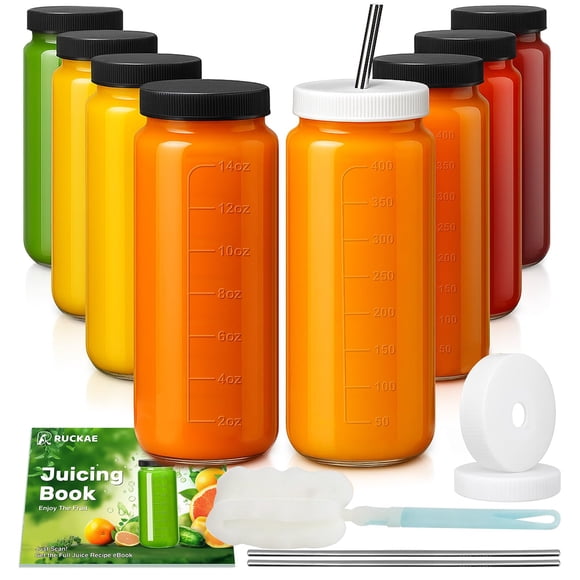 Botellas de vidrio para jugo Ruckae 500 mL, paquete de 8 con tapas, vasos y pajillas
