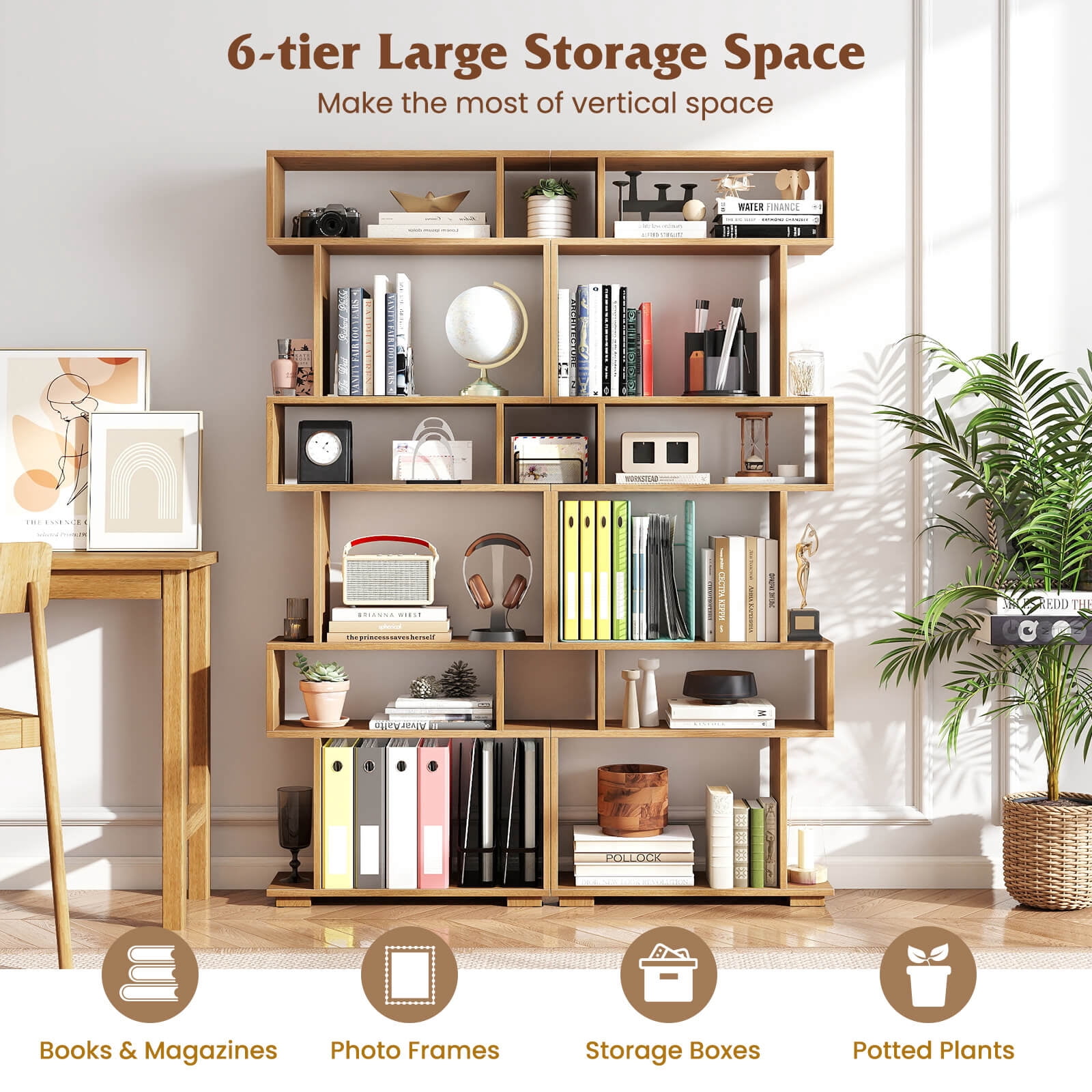 Costway 6-Tier Bookshelf with 2 Anti-Tipping Kits, Wooden Display Shelf for Home Office Natural