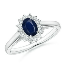 ANGARA Natural Princess Diana Inspired Blue Sapphire Ring with Diamond Halo in 14K White Gold for Women (Size-6x4mm) | September Birthstone, Anniversary Jewelry Gift for Women | Natural Sapphire Ring