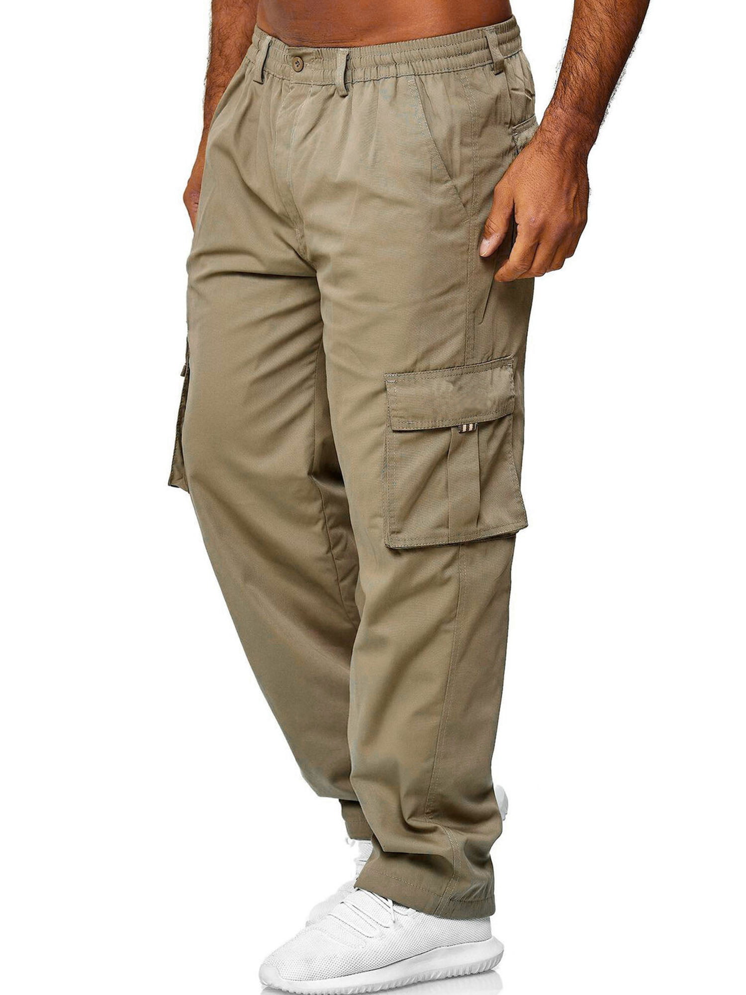 Men Plain Casual Cargo Pant Long Elastic Waist Trouser Combat Work Travel Bottom 
