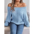 thumbnail image 2 of Crochet Tops for Women Off the Shoulder Sweaters Summer Long Sleeve Hollow Out Knit Beach Clothes Blue L, 2 of 8
