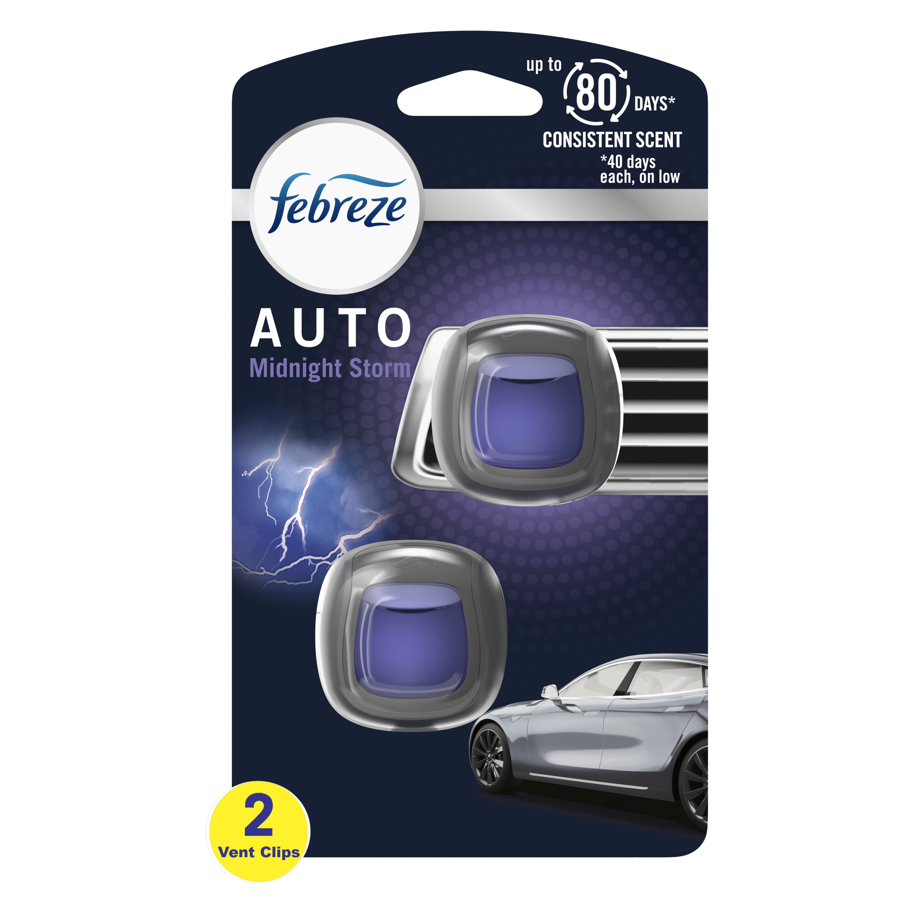Febreze AUTO Air Freshener Vent Clip Midnight Storm Scent, .06 oz. Car Vent Clip, Pack of 2