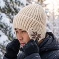 thumbnail image 2 of Voska Thick Knit Maple Leaf Ear Protection Pullover Hat For Men Women Soft Polyester Warm Winter Beanie Stylish Cold Weather Headgear Beige, 2 of 6