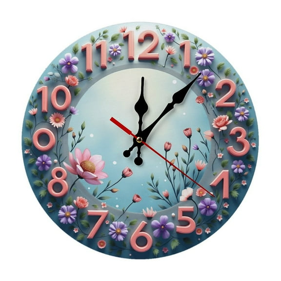 Flower Botanical Floral Wall Clock 10 Inch Silent Non Ticking Round Wooden Clock Decoration for Living Room Kitchen Bedroom Bathroom Office Classroom