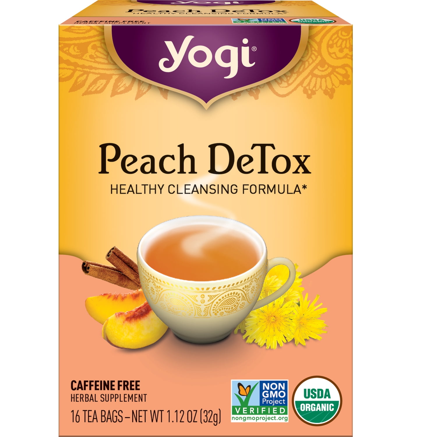 Yogi Tea Peach DeTox, Caffeine-Free Organic Herbal Tea, Wellness Tea Bags, 16 Count