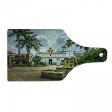 

Travel Cutting Board Main Square of Copan Ruinas City Honduras Central America Mayan Town with Palms Decorative Tempered Glass Cutting and Serving Board Wine Bottle Shape Multicolor by Ambesonne