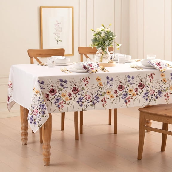 Home Fashions Poppy Wildflower Botanical Border Fabric Tablecloth, Rectangle, 60 inches X 102 inches