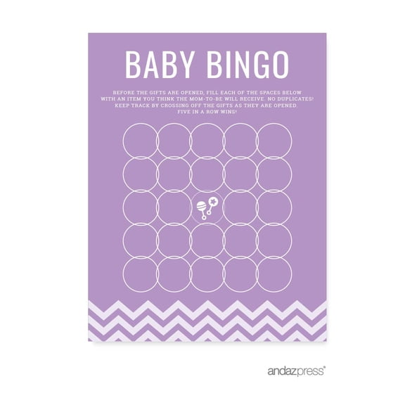 Koyal Wholesale Lavender Chevron Girl Baby Shower Collection, Baby Bingo Game Cards, 20-Pack