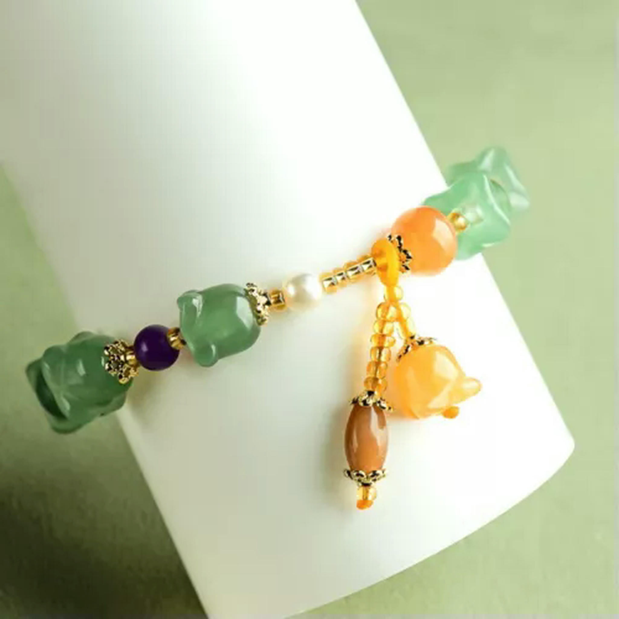 EOEMY Natural Jade Bangle Magnolia Flower Bead Link Women Lucky Gift Bracelet