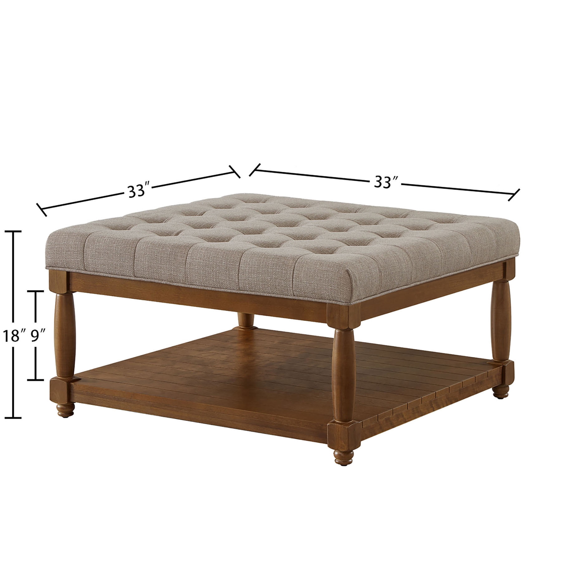 S-HOME Large Square Upholstered Tufted Linen Ottoman, Spacious Coffee Table with Solid Wood Shelf，Linen