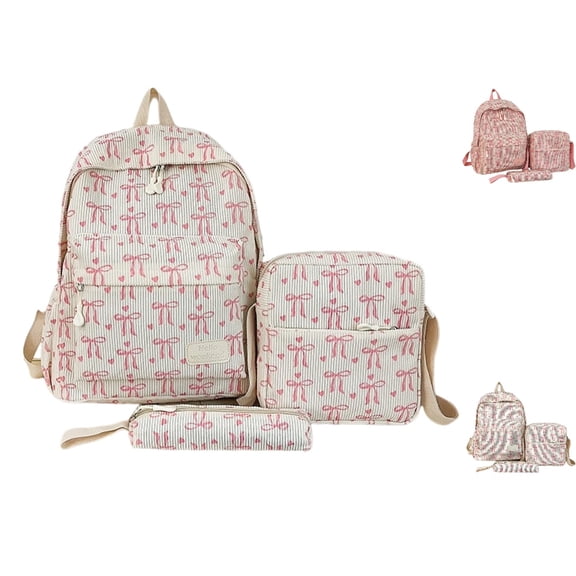 HJYCHN Backpack for Girls Stripe Bow Heart Print 3Pc Set Daypack with Crossbody Pouch Pencil Case Back to School Supplies for Kids Boys Backpack Beige