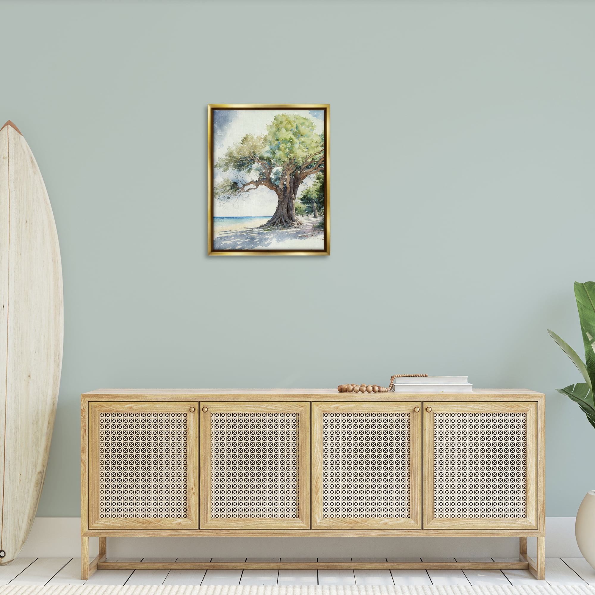 Stupell Industries Watercolor Tree on Shore Nautical & Beach Painting Gold Floater Framed Canvas Art Print Wall Art, 25 x 31