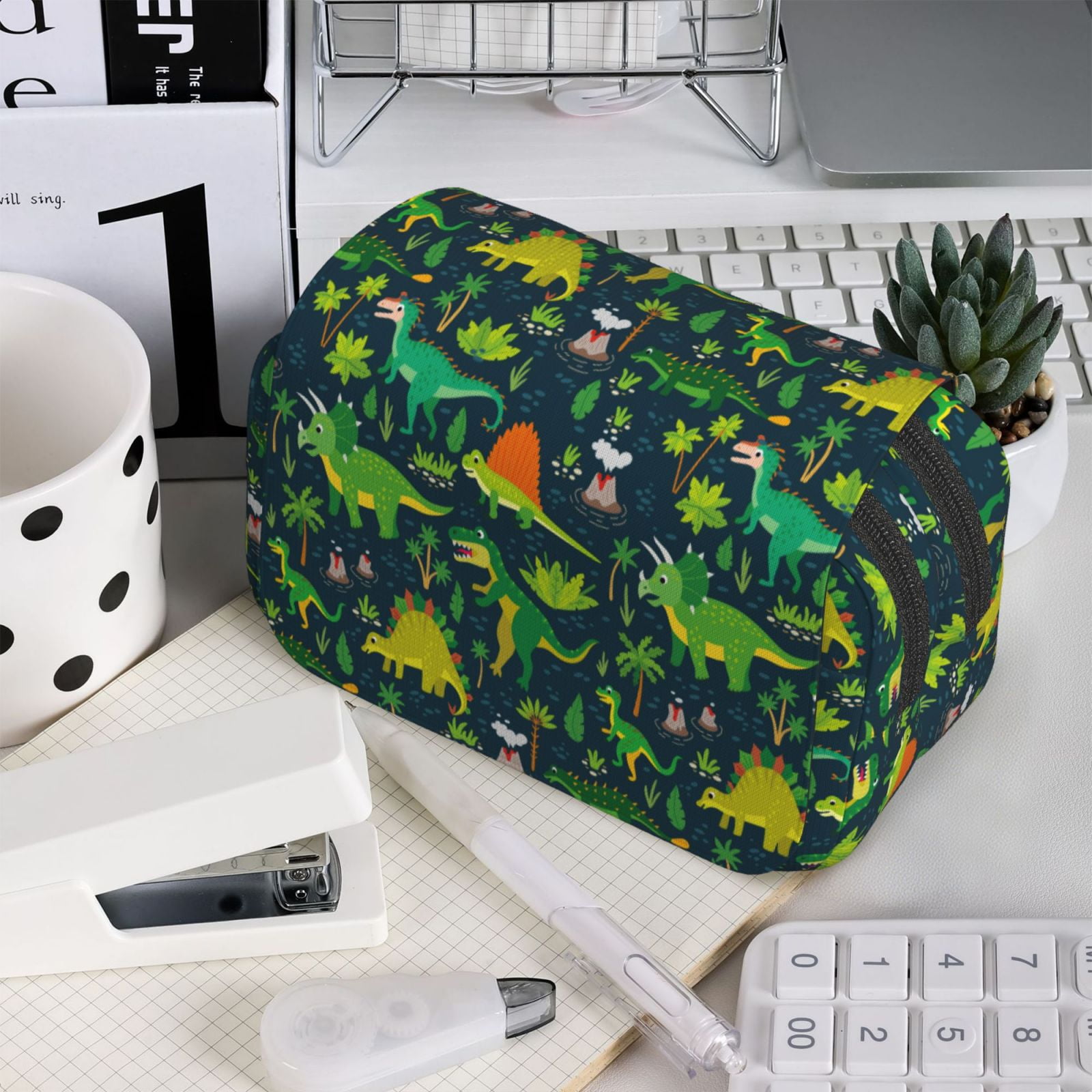 Rateoe Dinosaurs Pattern Double Clamshell Pen Case, Storage Organizer with Two Zipper Compartments– Holds Up to 50 Pencils & Pens