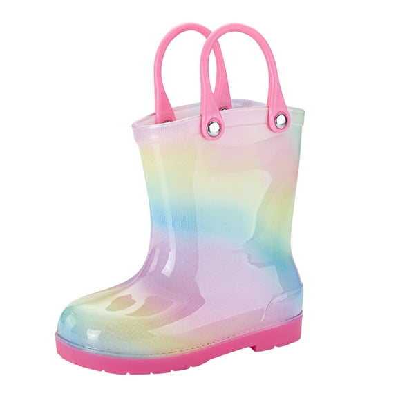 Otqutp Toddler Boys Girls Rain Shoes Rainbow Bow Gradient Waterproof Rubber Boots Kids Non-Slip Mid-Calf Shoes with Handles