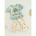thumbnail image 3 of Genuiskids Western Toddler Baby Girl Clothes Bell Bottom Outfit Cow Print Short Sleeve T Shirt Top Flared Pants Cowgirl 2PCS Clothes Set, 3 of 9
