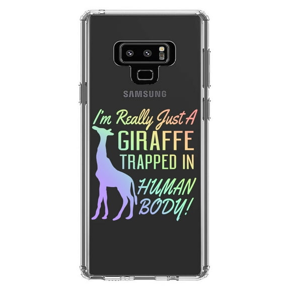 DistinctInk Clear Shockproof Hybrid Case for Samsung Galaxy Note 9 - TPU Bumper Acrylic Back Tempered Glass Screen Protector - Just a Giraffe Trapped in a Human Body