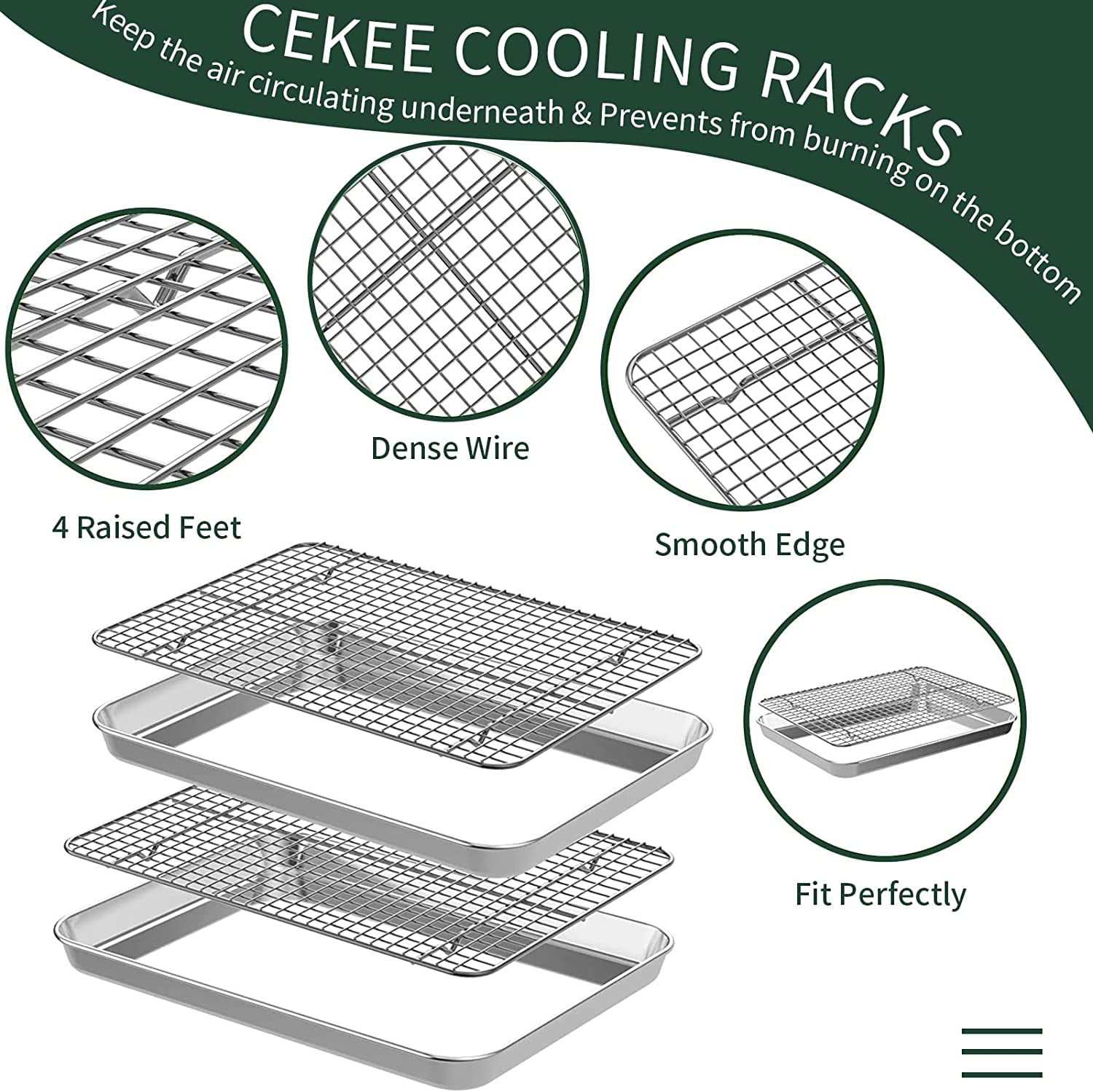 Small Baking Sheet with Rack Set [2 Cookie Sheets + 2 Racks], CEKEE Stainless Steel Pan and Grill - Rust & Warp Resistant Nonstick, Size 9.33 x 6.96 1 Inch