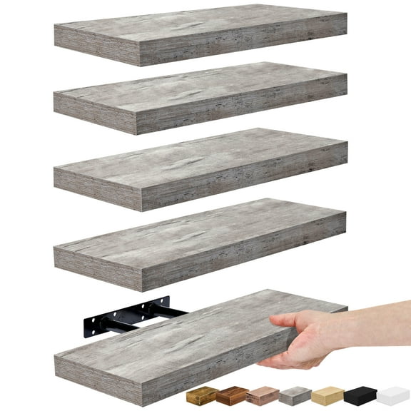 Sorbus 16.25" Gray Rustic Floating Shelves (Set of 5) – Wall Storage for Décor, Frames, Trophies