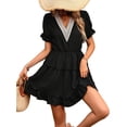 thumbnail image 2 of Women Summer Mini Dress Chiffon Cutout Ruffle V-Neck Puff Sleeve Dresses Dot Boho Sundresses Black L, 2 of 9