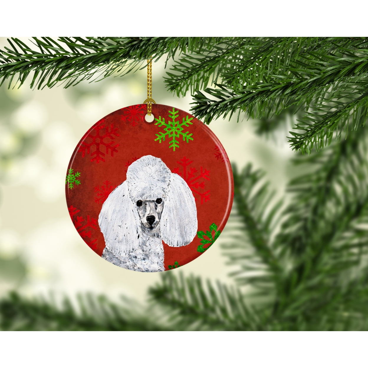 Carolines Treasures SC9749CO1 White Toy Poodle Red Snowflakes Holiday Ceramic Ornament 3 in multicolor