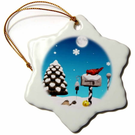 Cardinal Snow - 3dRose Cardinal On Holiday Mailbox In Snow - Snowflake Ornament, 3-inch