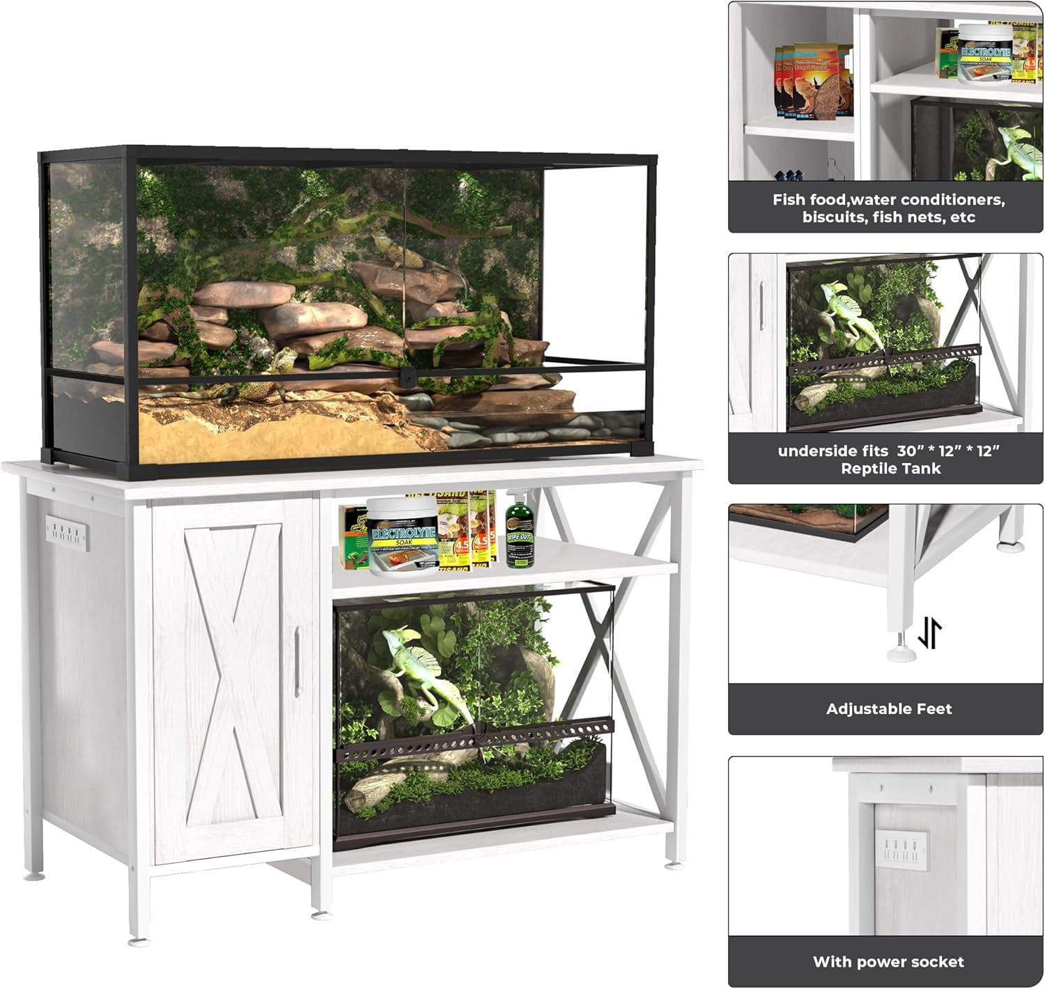 Herture 40-120 Gallon Reptile Tank Stand with Power Outlet, Terrarium Stand with Storage Cabinet, 48" X 24" Tabletop, Reptile Terrarium,Turtle Tank White PG08XYW