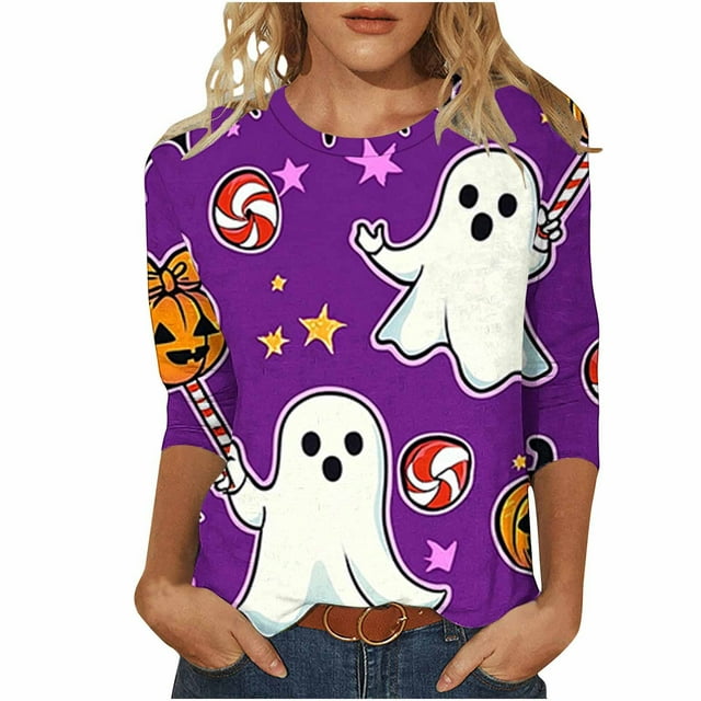 Blouses pour Femmes Mode, Manches 3/4, Décontracté, T-Shirt Imprimé Col Rond Haut Décontracté