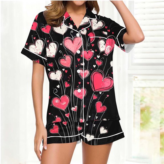 Uaswgudfs Women's Valentine's Day Pajama Set - Short Sleeve & Shorts Loungewear with Cute Heart Print, Collar & Pocket, Comfortable Printed Sleepwear Outfit for Women