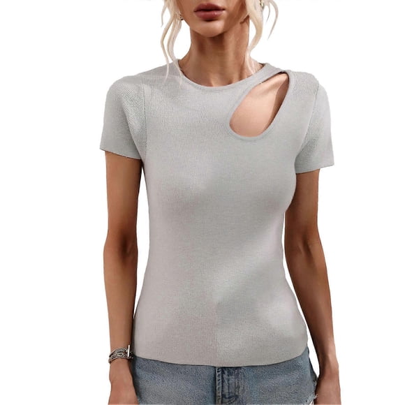 Women Cutout Top Pure Color Fashionable Slim Fitting Short Sleeve Cutout Shirt for Daily
