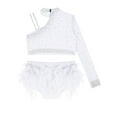 thumbnail image 5 of YiZYiF Kids Girls Sparkly 2 Piece Dancing Outfit Rhinestones Dance Crop Top and Feather Briefs Skirt White 8, 5 of 6