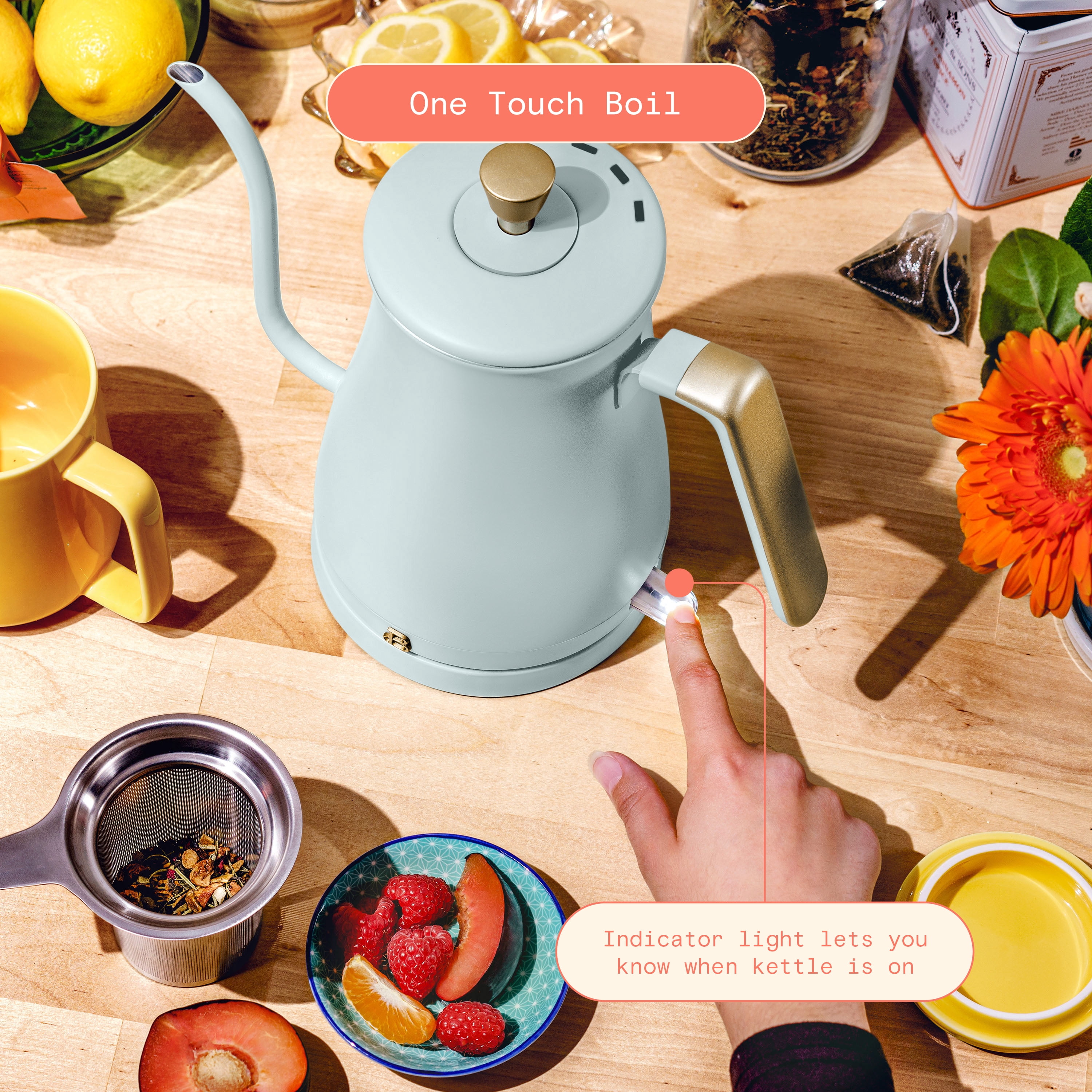 Beautiful 1-Liter Electric Gooseneck Kettle 1200 W, Hydrangea by Drew Barrymore