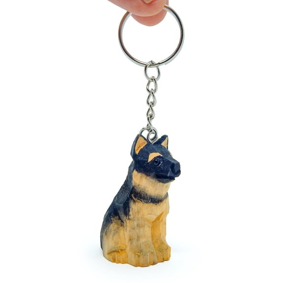 German Shephard Dog Puppy Pet Keychain Ring Clip Charm Miniature Wood Mini Figurine Small Animal