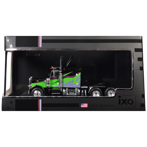1973 Peterbilt 359 Truck Tractor Black and Lime Green with Graphics 1/64 Diecast Model by IXO Models