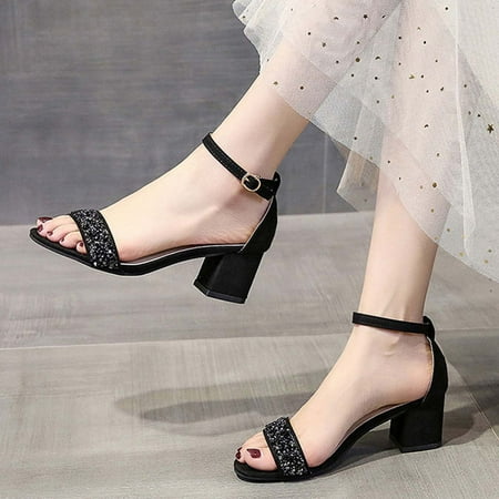 

AXXD Black Walking Sandals Women Comfort Summer Trendy High Heel Chunky Buckle Mothers Day