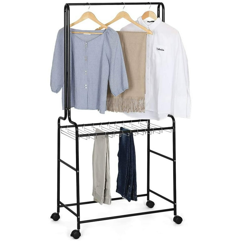 2 layer Heavy duty Trousers Rolling Trolley Clothes Rail Hanger Wheels With Brakes